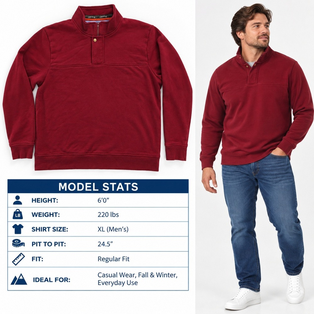 Orvis Mens XL Burgundy Red Quarter Zip Snap Mock Neck Fleece Pullover Sweatshirt